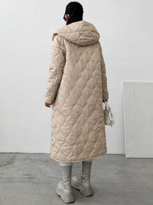 EURMUSE Solid Snap Button Front Hooded Quilted Coat - Beige - View 2