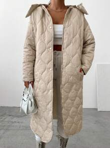EURMUSE Solid Snap Button Front Hooded Quilted Coat - Beige - View 4