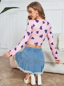 SHEIN Unity Camiseta crop con estampado de corazón con abertura - Rosa - Ver 2