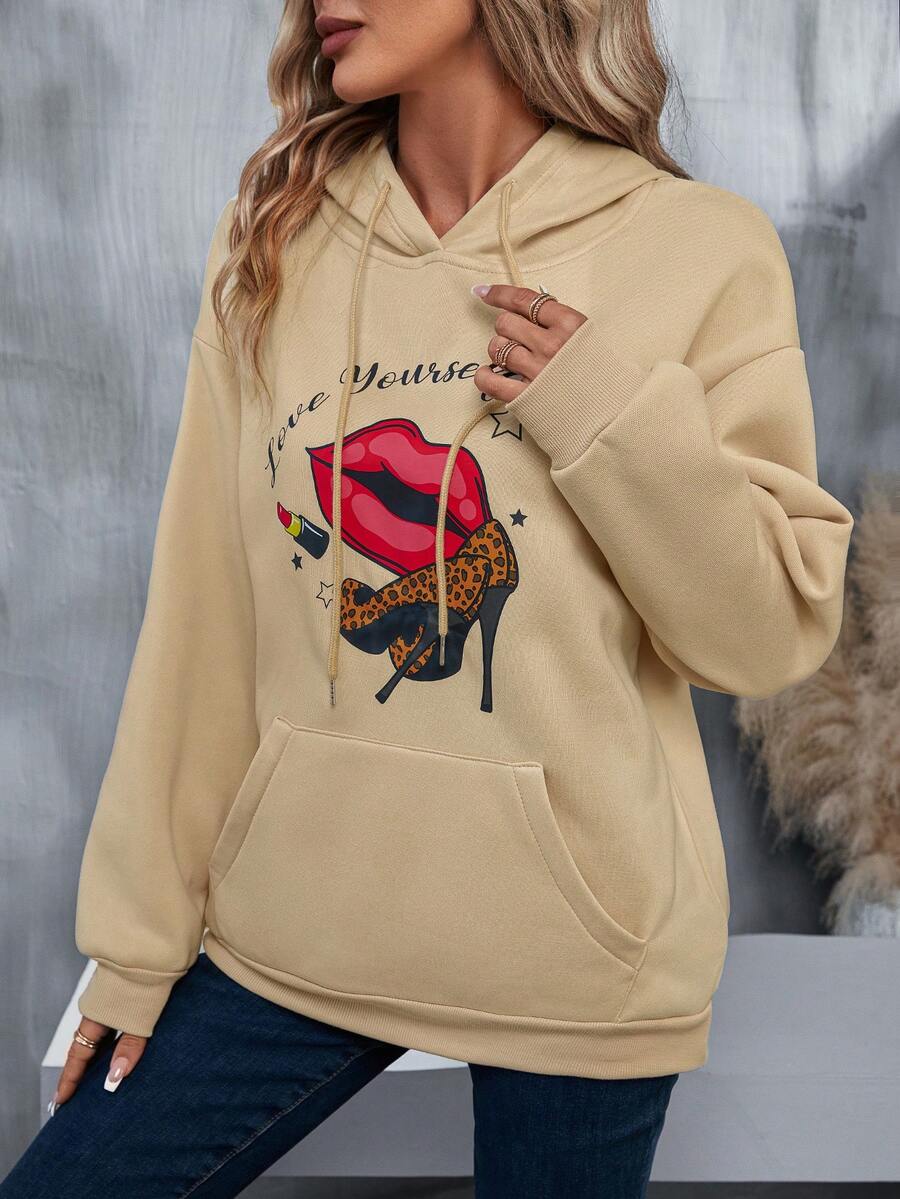 Lip & Slogan Graphic Kangaroo Pocket Drop Shoulder Drawstring Hoodie - Apricot - View 1