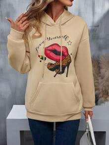 Lip & Slogan Graphic Kangaroo Pocket Drop Shoulder Drawstring Hoodie - Apricot - View 3