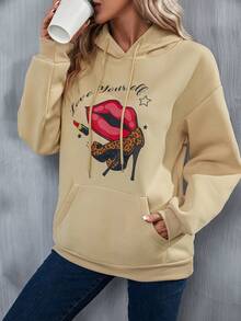 Lip & Slogan Graphic Kangaroo Pocket Drop Shoulder Drawstring Hoodie - Apricot - View 5