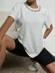 SHEIN Unity Rhinestone Studded Tee - White - View 1