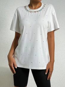 SHEIN Unity Rhinestone Studded Tee - White - View 4