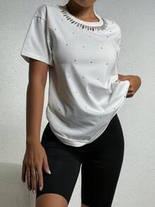 SHEIN Unity Rhinestone Studded Tee - White - View 6