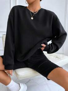 EURMUSE Cotton Solid Drop Shoulder Sweatshirt - Black - View 1