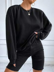 EURMUSE Cotton Solid Drop Shoulder Sweatshirt - Black - View 4