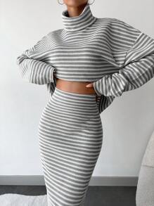 EURMUSE Striped Pattern Turtleneck Drop Shoulder Sweater & Knit Skirt - Grey - View 1
