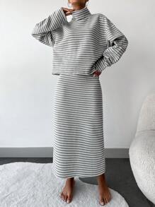EURMUSE Striped Pattern Turtleneck Drop Shoulder Sweater & Knit Skirt - Grey - View 3