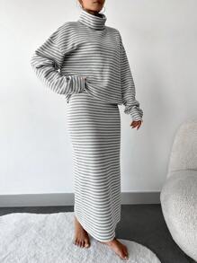 EURMUSE Striped Pattern Turtleneck Drop Shoulder Sweater & Knit Skirt - Grey - View 4