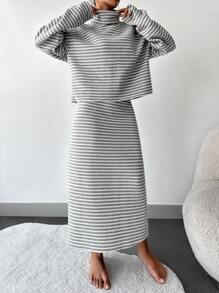 EURMUSE Striped Pattern Turtleneck Drop Shoulder Sweater & Knit Skirt - Grey - View 5