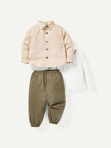 Cozy Pixies 嬰兒男童3入組運動風格圓領t卹,帶前袋,折領休閒襯衫和運動褲 - 彩色 - 查看 3