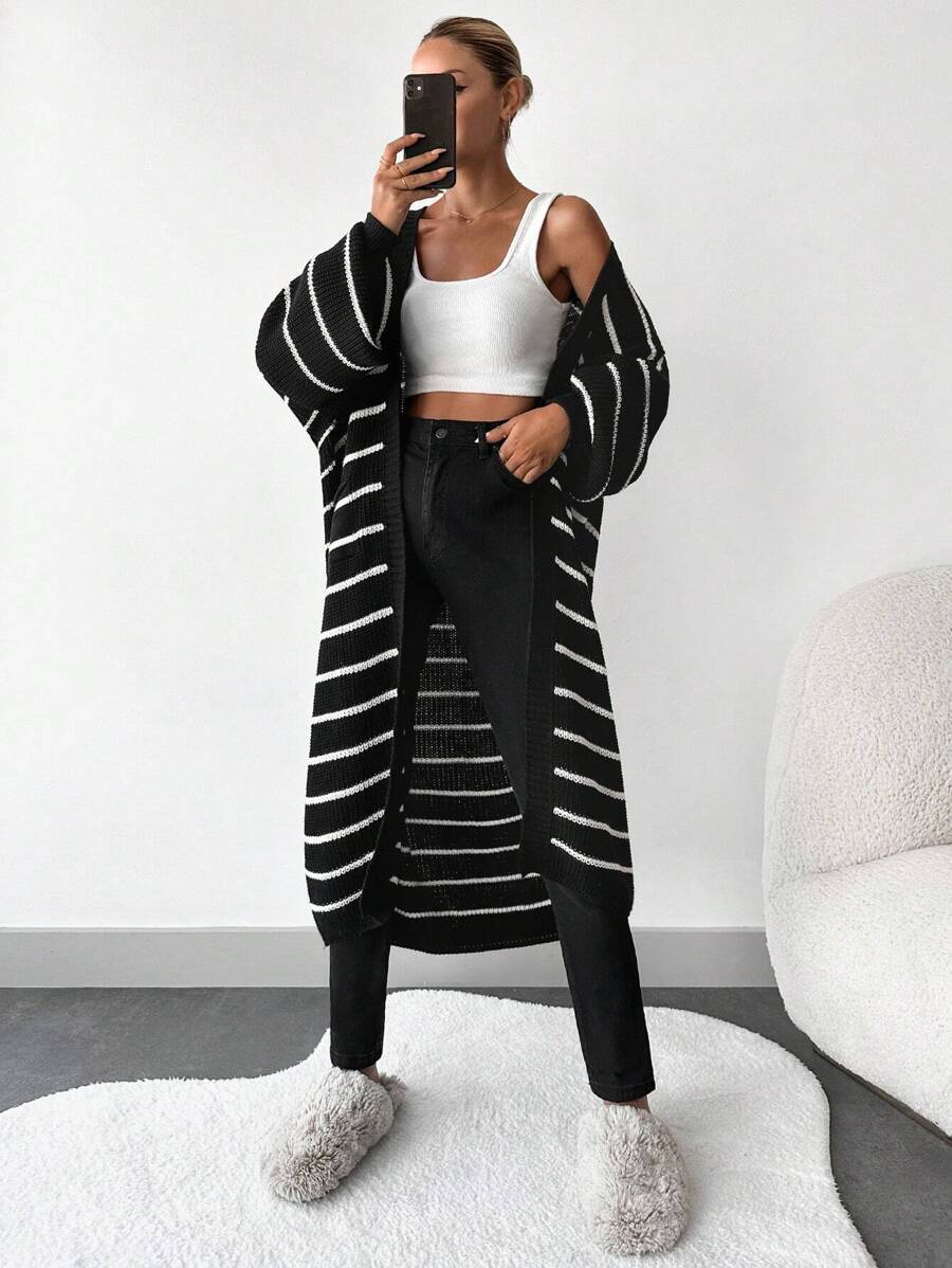 EURMUSE Striped Pattern Drop Shoulder Open Front Longline Cardigan - Black and White - View 1