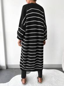 EURMUSE Striped Pattern Drop Shoulder Open Front Longline Cardigan - Black and White - View 2