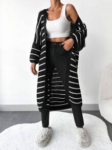 EURMUSE Striped Pattern Drop Shoulder Open Front Longline Cardigan - Black and White - View 3