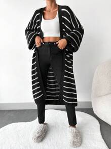 EURMUSE Striped Pattern Drop Shoulder Open Front Longline Cardigan - Black and White - View 4