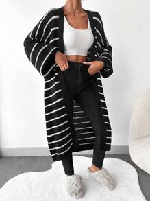 EURMUSE Striped Pattern Drop Shoulder Open Front Longline Cardigan - Black and White - View 5