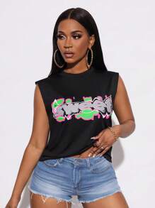 SHEIN Unity 字母圖案背心上衣 - 黑色 - 查看 1