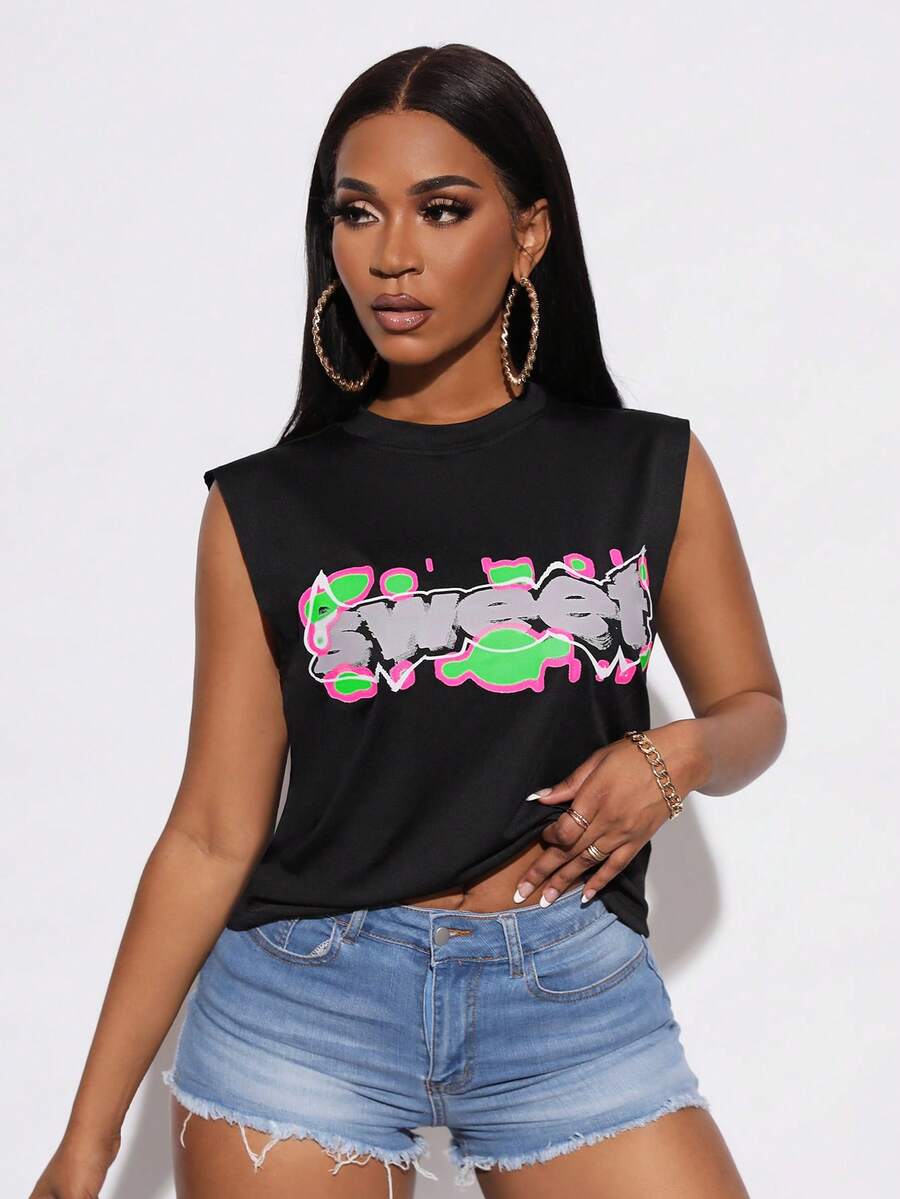 SHEIN Unity 字母圖案背心上衣 - 黑色 - 查看 1