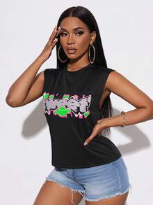 SHEIN Unity 字母圖案背心上衣 - 黑色 - 查看 3