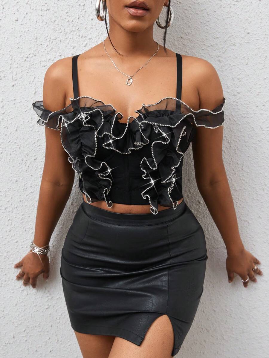 SHEIN Slayr Viền Ruffle Top Cây trồng - màu đen - Xem 1