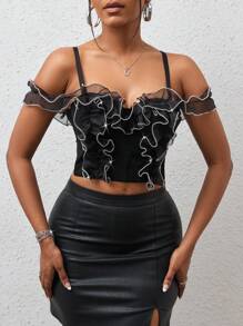 SHEIN Slayr Viền Ruffle Top Cây trồng - màu đen - Xem 4