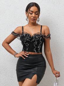 SHEIN Slayr Viền Ruffle Top Cây trồng - màu đen - Xem 5