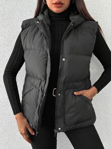 EURMUSE Zip Up Slant Pocket Puffer Vest Coat - Black - View 1