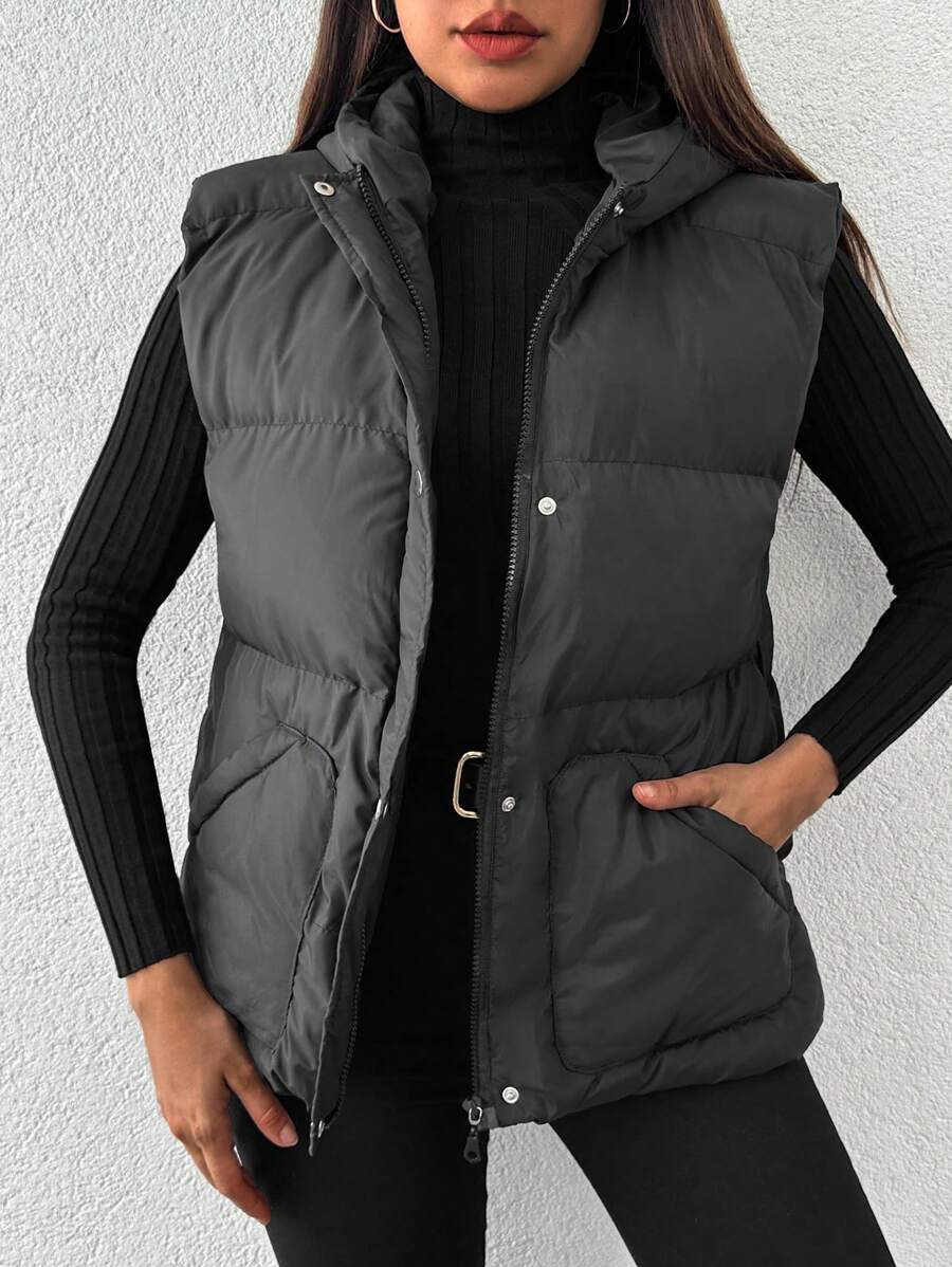 EURMUSE Zip Up Slant Pocket Puffer Vest Coat - Black - View 1