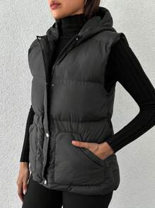 EURMUSE Zip Up Slant Pocket Puffer Vest Coat - Black - View 4