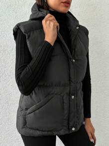 EURMUSE Zip Up Slant Pocket Puffer Vest Coat - Black - View 5
