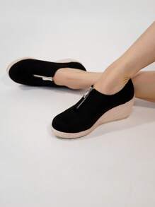 Ladies' Simple Front Zipper Wedge & Thick-Sole Shoes - Black - View 1