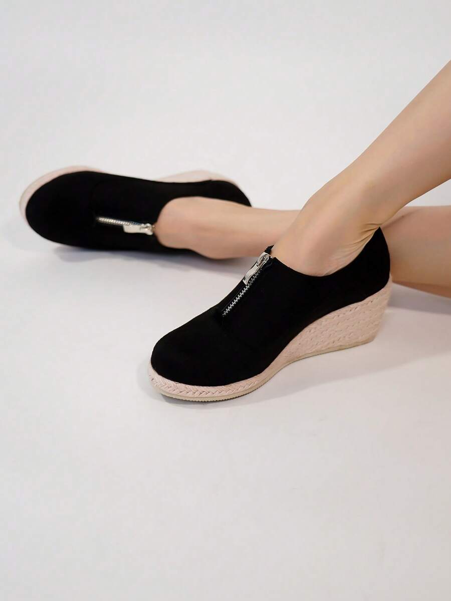 Ladies' Simple Front Zipper Wedge & Thick-Sole Shoes - Black - View 1
