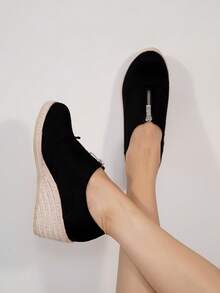 Ladies' Simple Front Zipper Wedge & Thick-Sole Shoes - Black - View 2