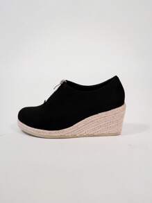 Ladies' Simple Front Zipper Wedge & Thick-Sole Shoes - Black - View 4