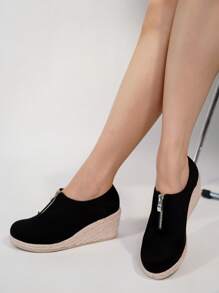 Ladies' Simple Front Zipper Wedge & Thick-Sole Shoes - Black - View 5