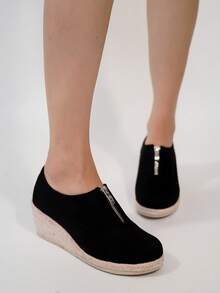 Ladies' Simple Front Zipper Wedge & Thick-Sole Shoes - Black - View 6