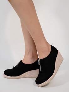 Ladies' Simple Front Zipper Wedge & Thick-Sole Shoes - Black - View 7