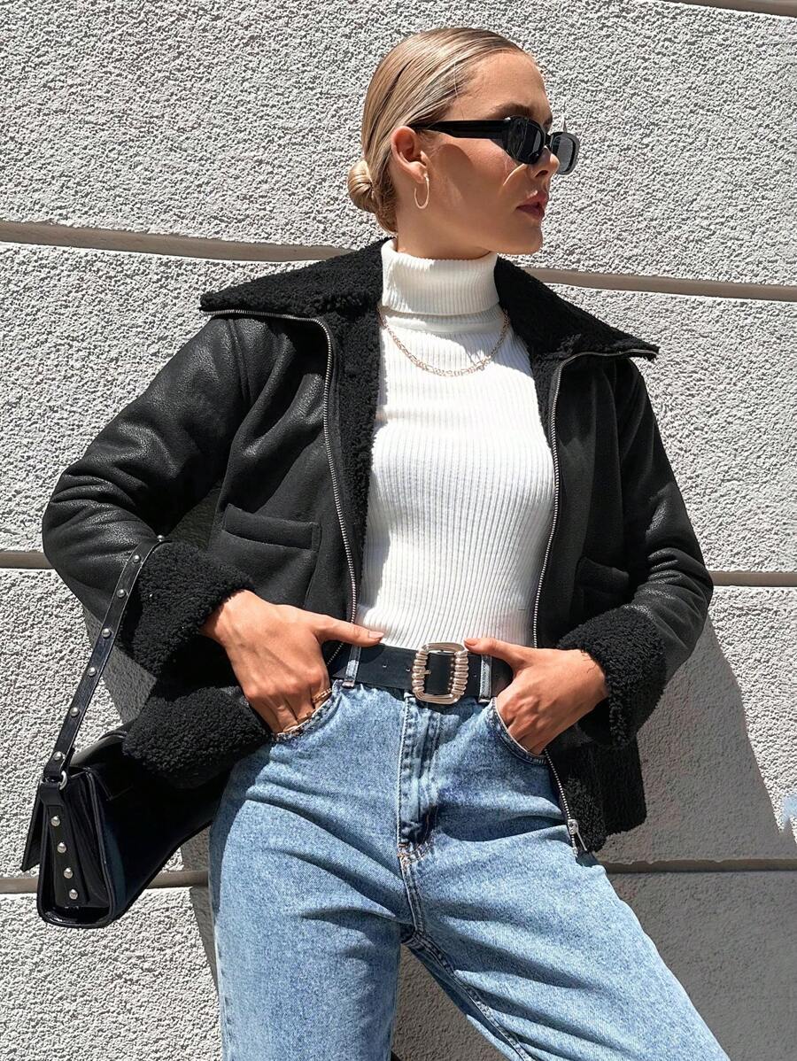 EURMUSE Teddy Lined Zip Up PU Jacket - Black - View 1