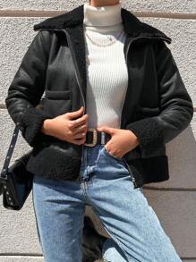 EURMUSE Teddy Lined Zip Up PU Jacket - Black - View 4