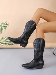 Giày Bốt Thời Trang Nữ Phong Cách Phương Tây Khâu Chi Tiết Mũi Nhọn & Gót Chunky, Bốt Cao Bồi Cho Nữ - màu đen - Xem 3