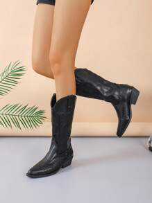 Giày Bốt Thời Trang Nữ Phong Cách Phương Tây Khâu Chi Tiết Mũi Nhọn & Gót Chunky, Bốt Cao Bồi Cho Nữ - màu đen - Xem 5