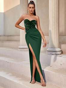 Contrast Sequin Split Thigh Tube Party Dress - Dark Green - View 3