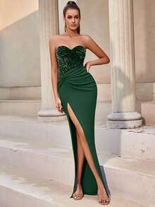 Contrast Sequin Split Thigh Tube Party Dress - Dark Green - View 5