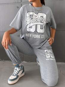 EURMUSE Letter Graphic Drop Shoulder Tee & Sweatpants - Light Grey - View 1
