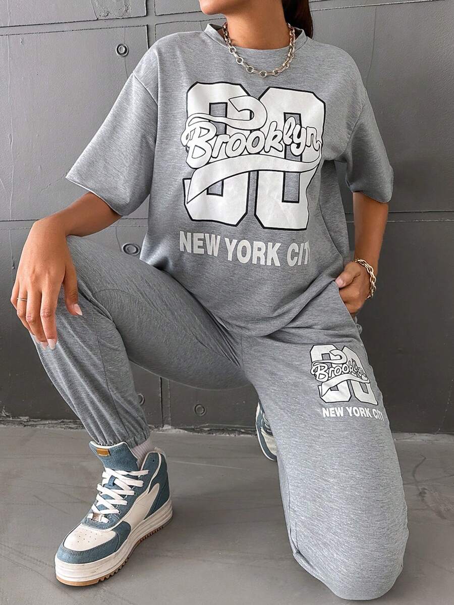 EURMUSE Letter Graphic Drop Shoulder Tee & Sweatpants - Light Grey - View 1