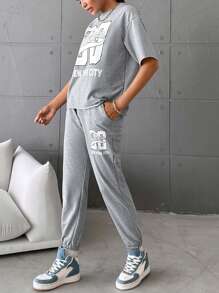 EURMUSE Letter Graphic Drop Shoulder Tee & Sweatpants - Light Grey - View 3