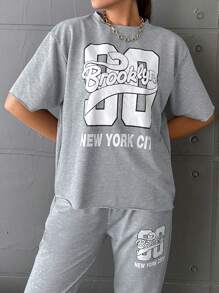 EURMUSE Letter Graphic Drop Shoulder Tee & Sweatpants - Light Grey - View 4