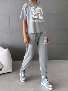 EURMUSE Letter Graphic Drop Shoulder Tee & Sweatpants - Light Grey - View 5