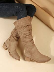 女性時尚折疊靴子,卡其色西部牛仔靴帶有皺紋的設計 - 卡其色 - 查看 1